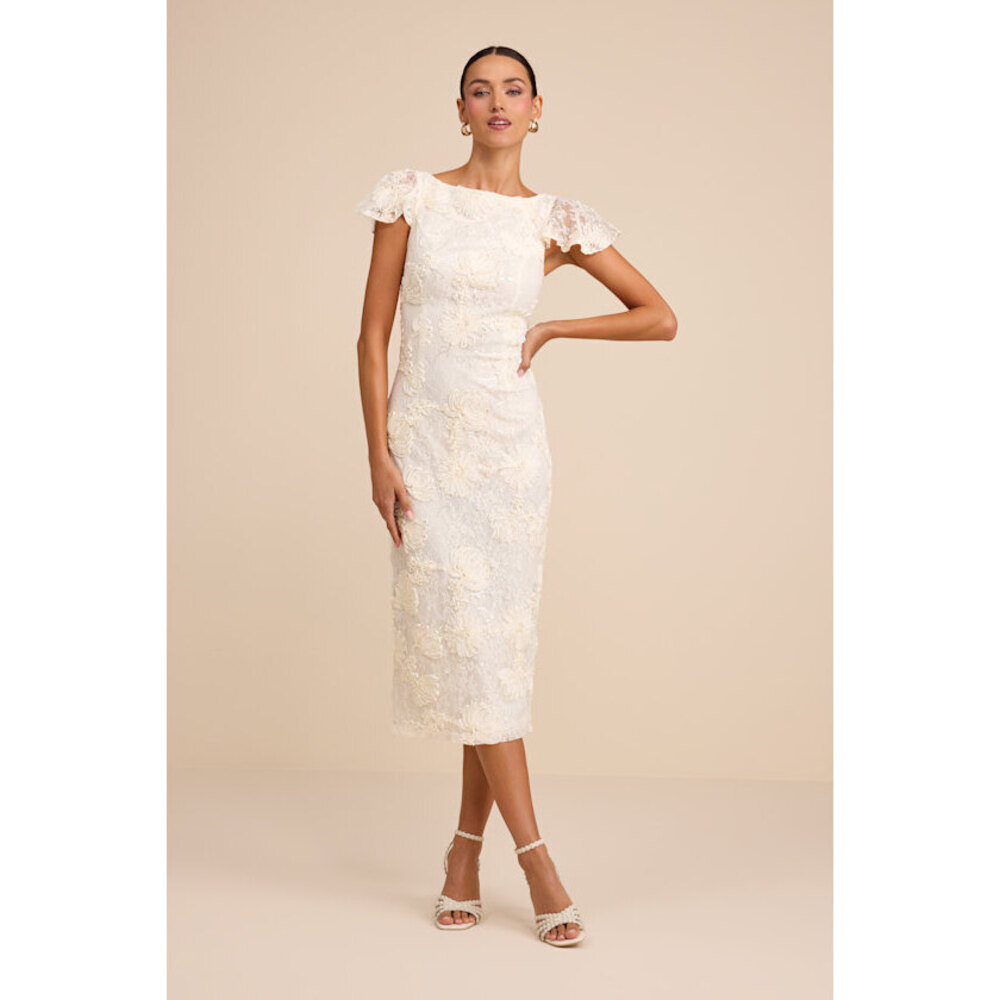 Lulus Kenna Ivory Lace Flutter Sleeve Midi Dress White - Size S